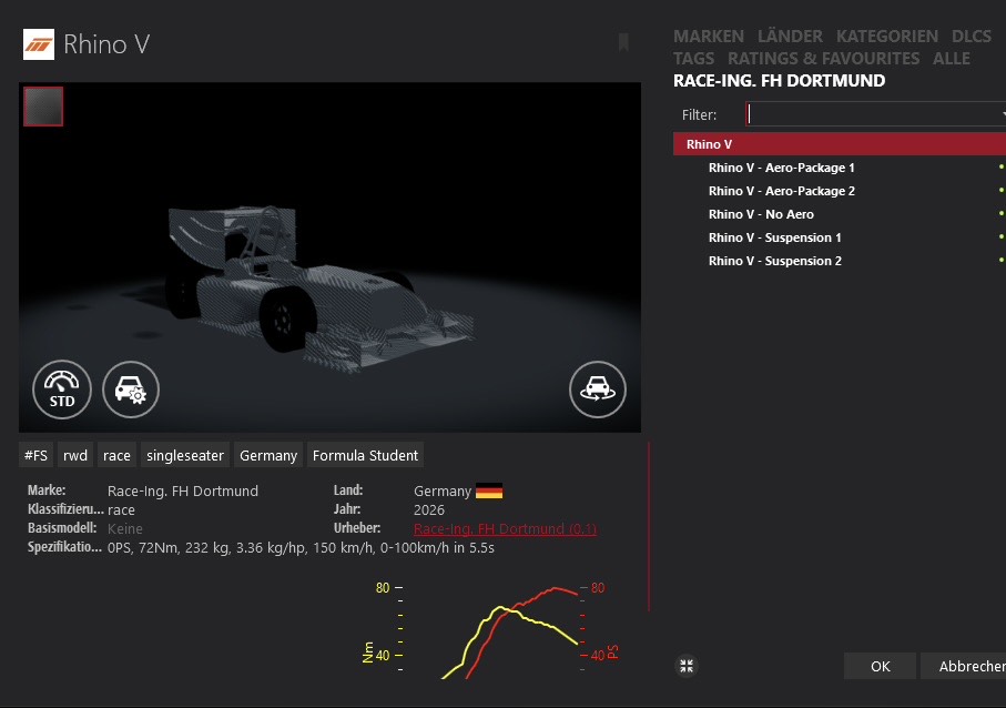 Race-Ing FH Dortmund Formula Student car #326 in Assetto Corsa, with aero and suspension setup variants